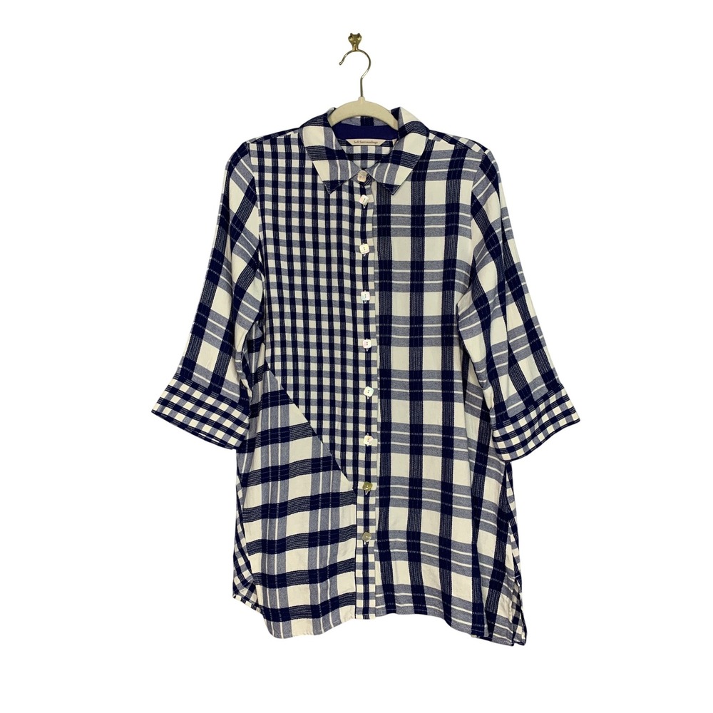 Soft Surroundings Plaid Button Up Shirt Tunic Top Women Blue White Size M